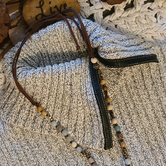 SWEATER GRAY BLACK WITH LEATHER TRIM RIBBED SIZE M - Picture 8 of 16